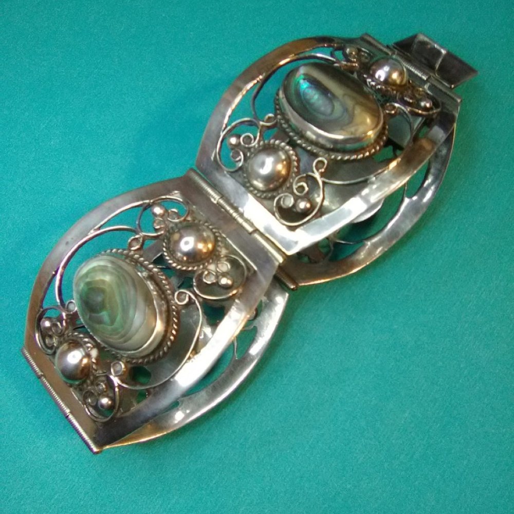 Vintage Sterling Silver Abalone Panel Wide Ornate Bracelet 925 - Picture 5 of 9